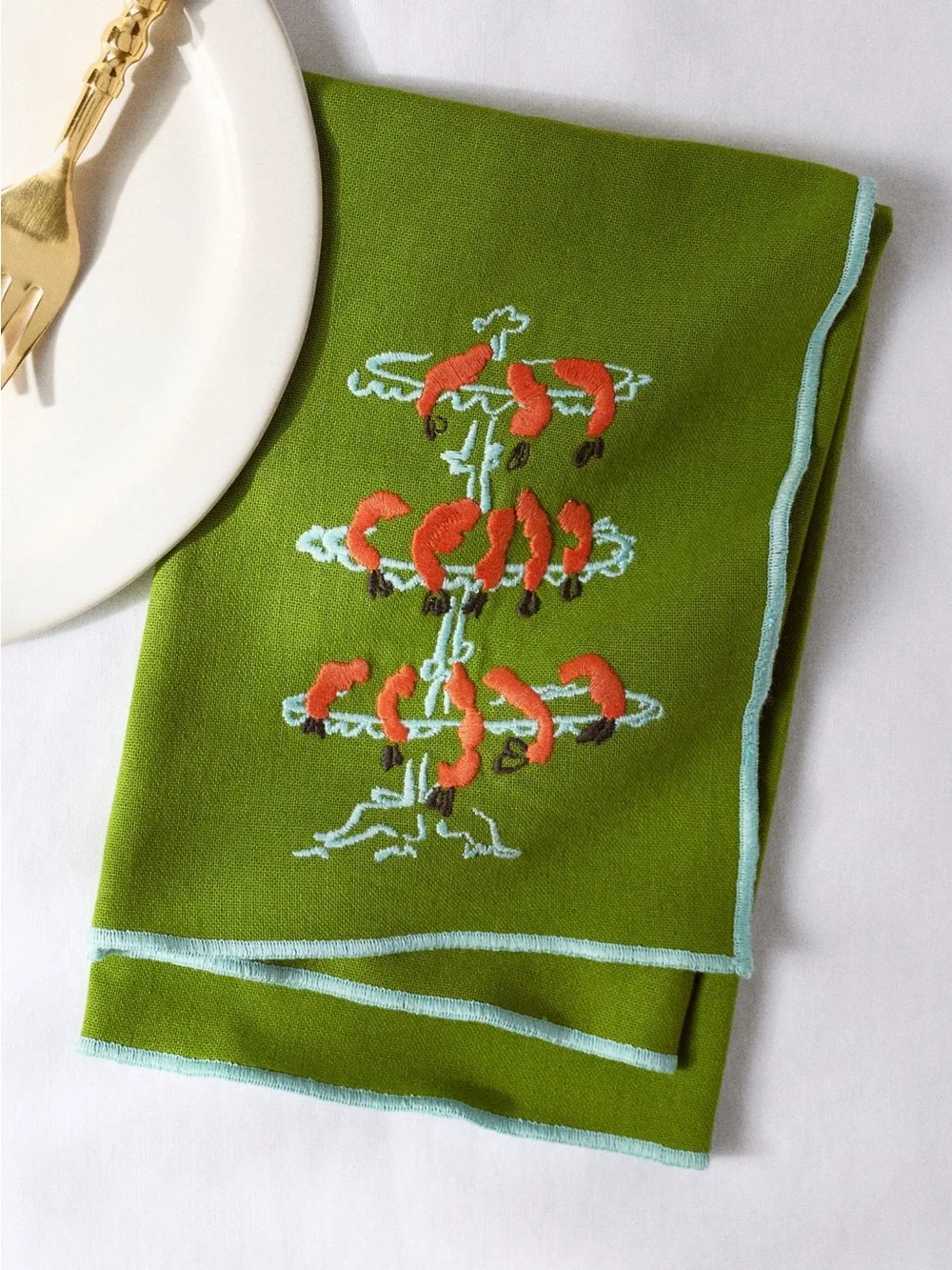 Anthropologie Green Napkin-Set of 2 Embroidered Design Shrimp